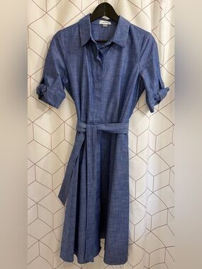 Calvin Klein Chambray Blue Midi Shirt Dress with Tie Belt and Pockets